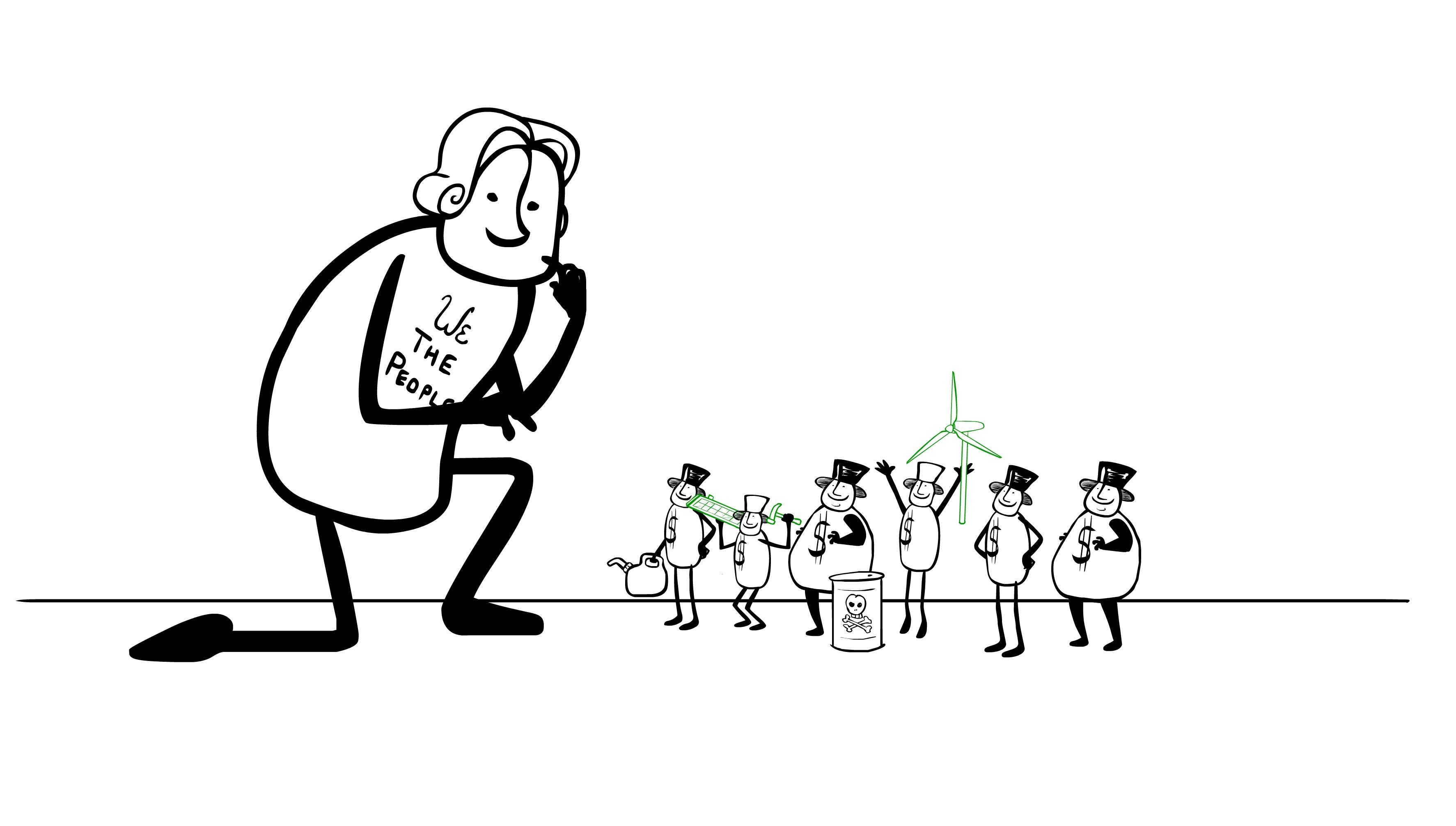 A 2D cartoon drawing of a person wearing a shirt that reads "We The People" crouching over a crowd of people wearing hats and shirts with dollar signs on them.